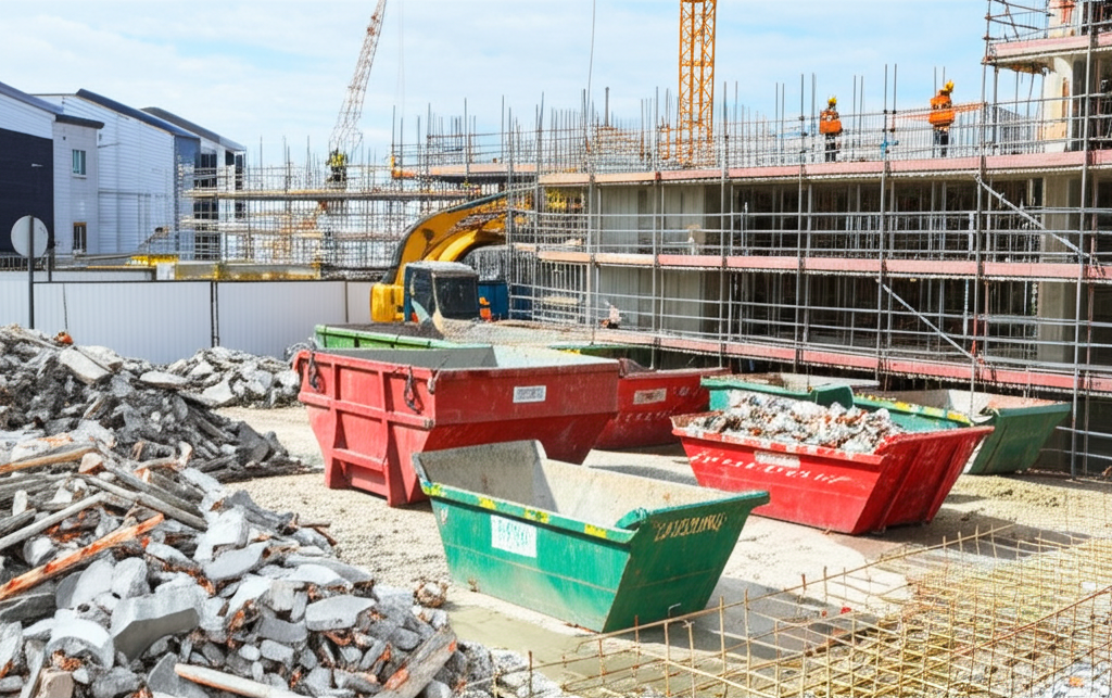 Construction waste bins at a building site