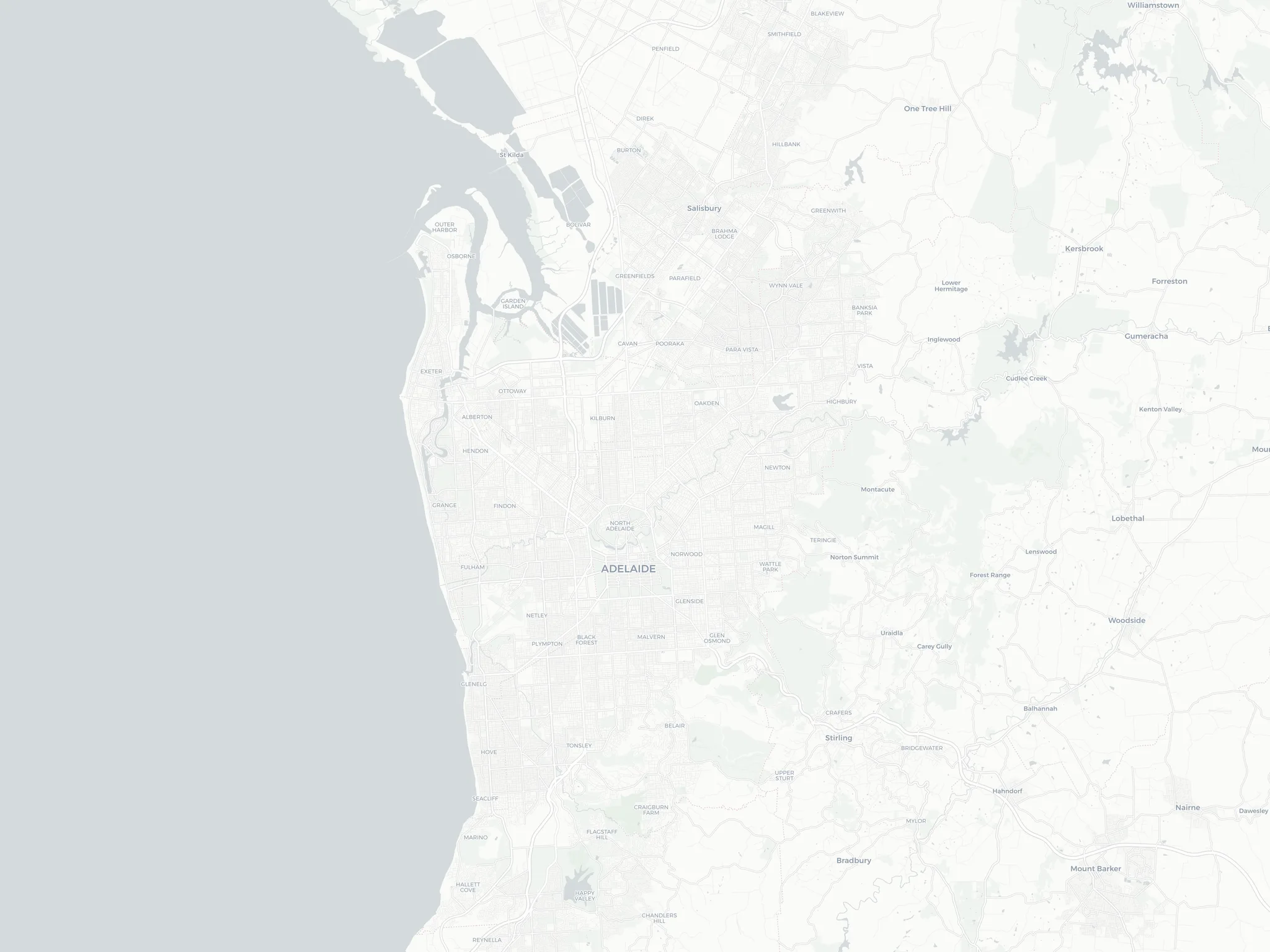 Map of the Adelaide metro showing the Adelaide Wheelie Bins coverage area, from Salisbury and the LeFevre Peninsula in the north down to Seacliff in the south and out to the western beaches