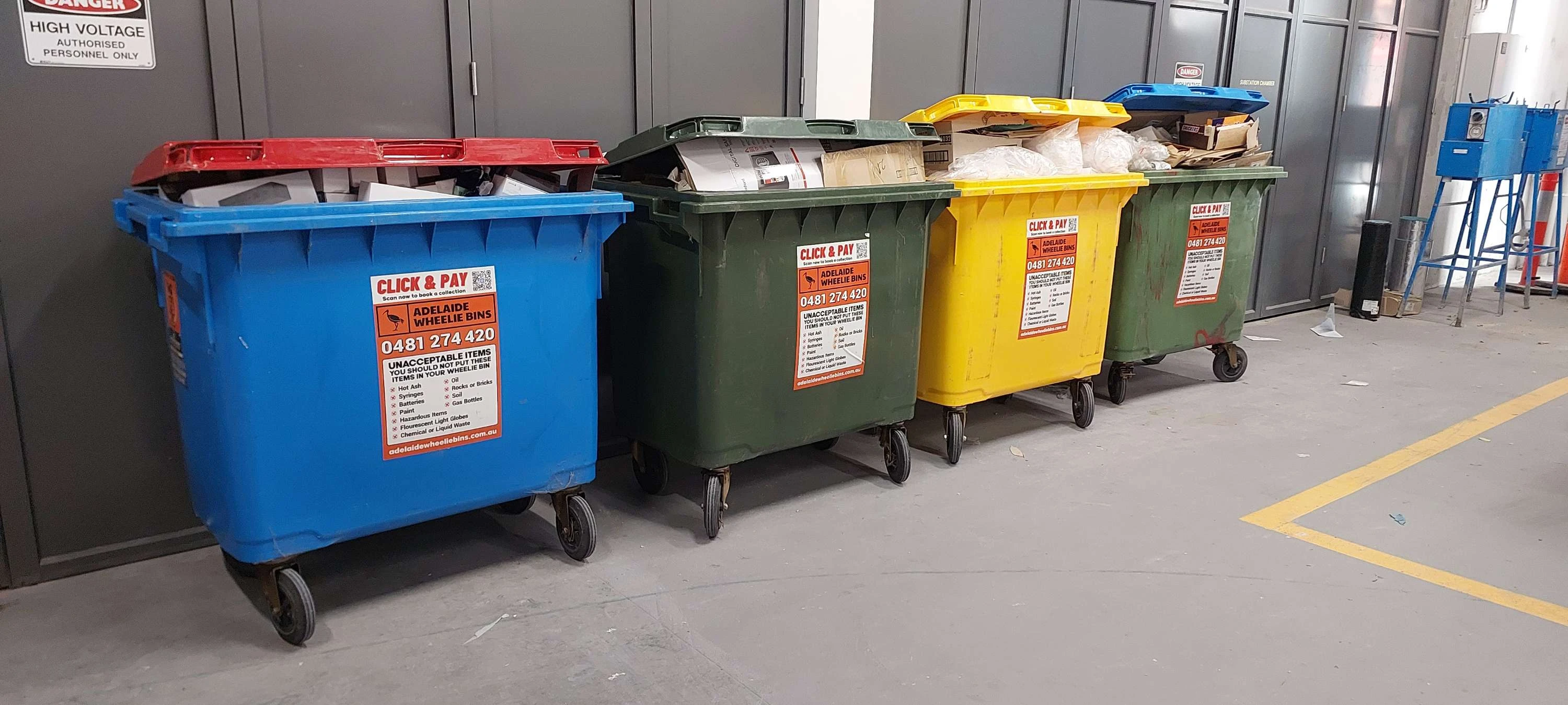 Adelaide Wheelie Bins branded 1100L bins ready for a commercial collection